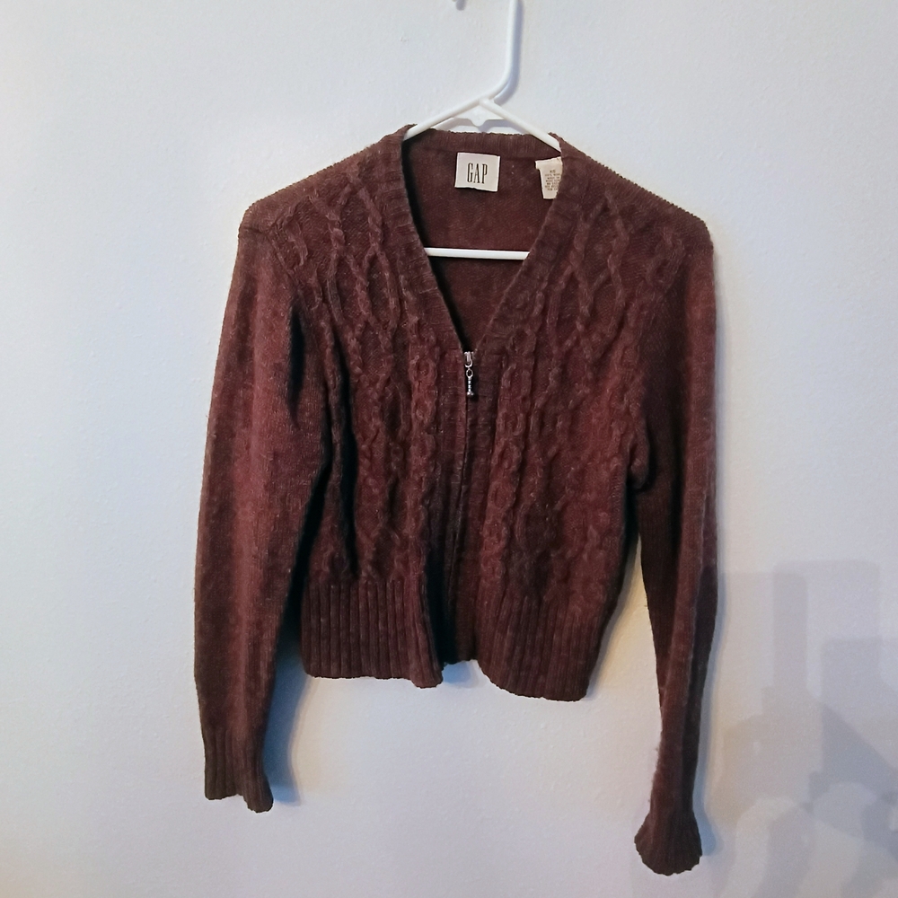 Gap Vintage Wool Cable Knit Zip Cardigan Sweater Brown Marled XS